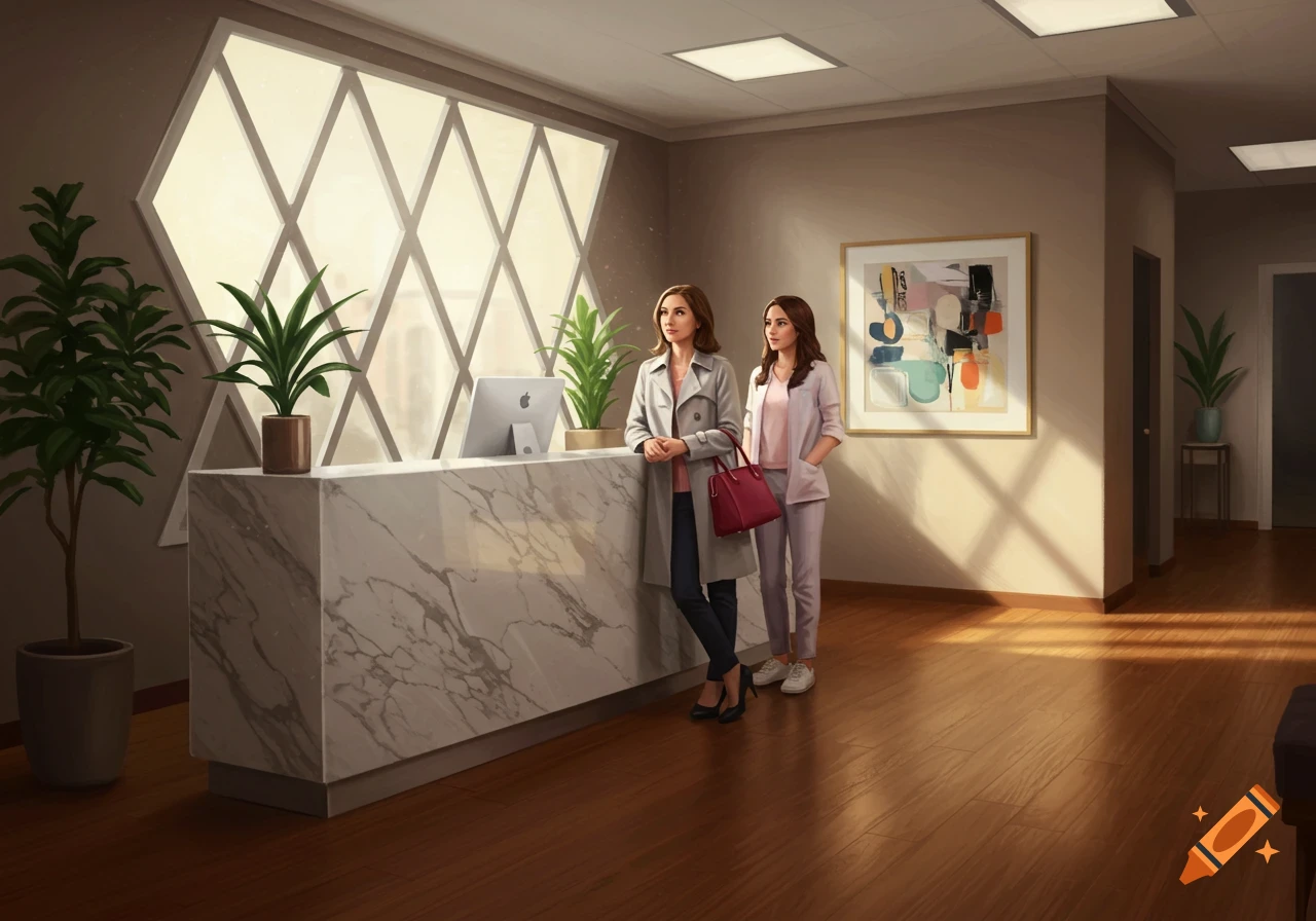 Two women standing at a marble reception desk with an Apple computer in a modern office waiting area.