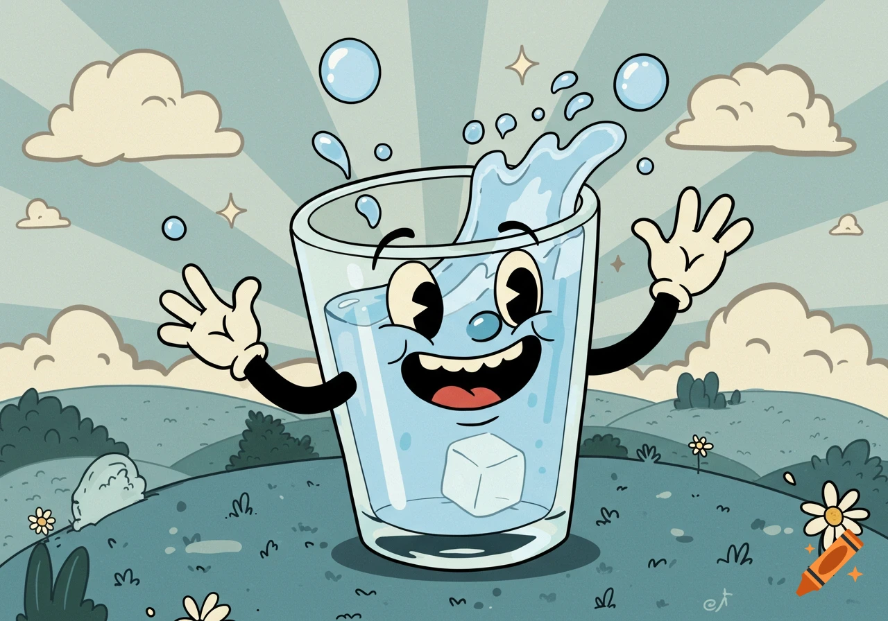 A cheerful anthropomorphic glass of water splashes amidst grassy hills and clouds in a retro cartoon style.