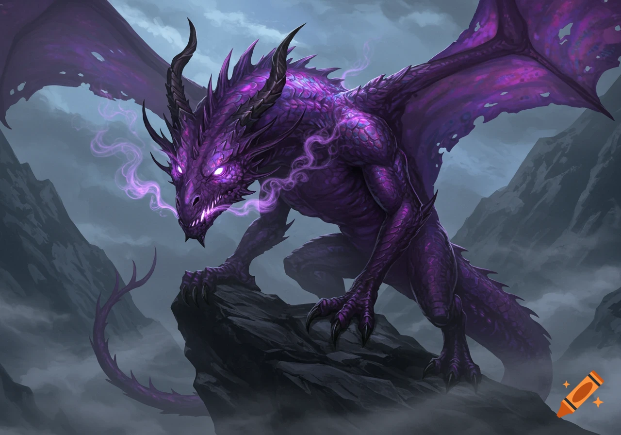 A majestic purple dragon with glowing eyes and purple smoke emerging from its snout, perched on a dark rock in a misty mountain landscape.