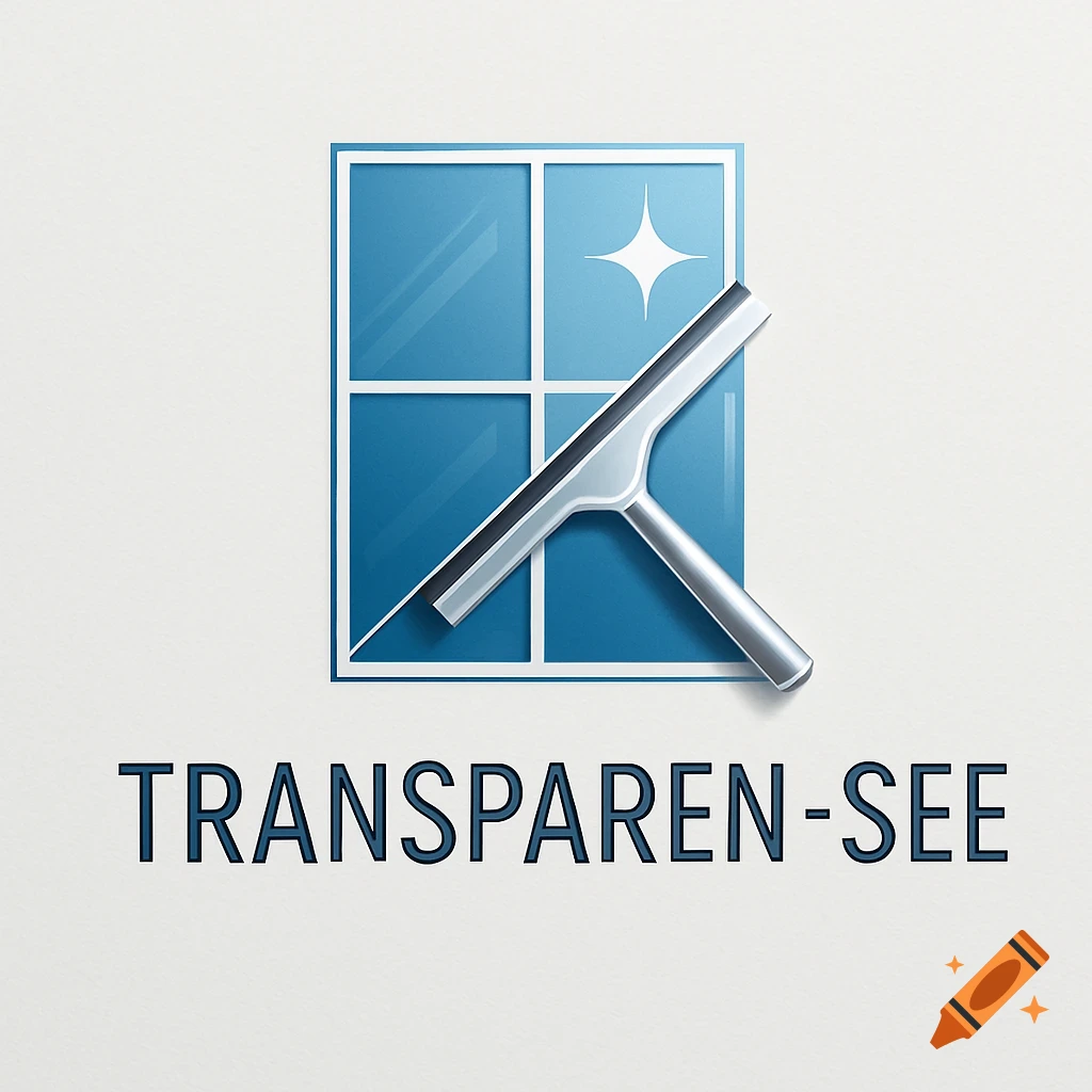 A clean, modern logo for a window cleaning brand, featuring a blue window, a silver squeegee, and the text 'TRANSPAREN-SEE'.
