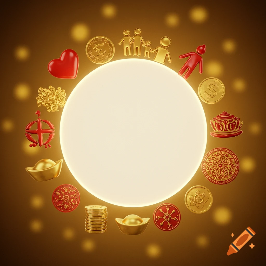 A glowing white circle framed by a vibrant array of 3D gold and red symbols: a heart, coins, family figures, and various cultural emblems, set against a warm bokeh background.