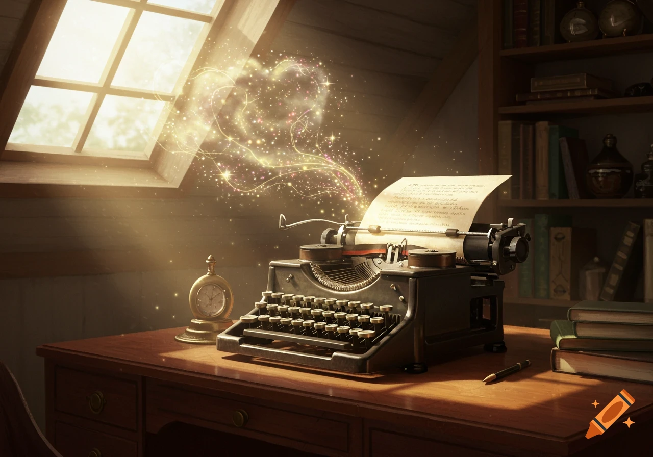 A vintage typewriter on a wooden desk in an attic, with golden magical heart-shaped light and sparkles emanating from the paper. Sunlight streams in from a window.
