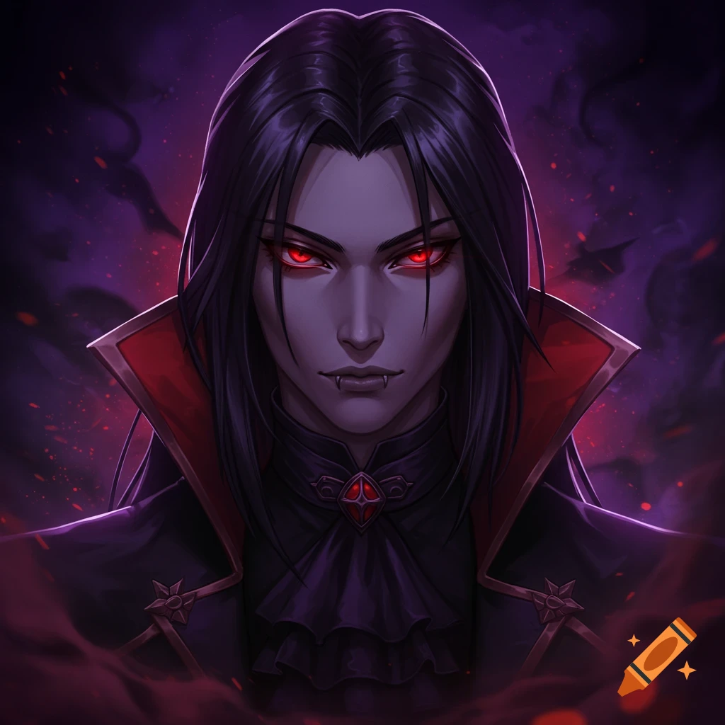 A stylized anime-inspired portrait of a vampire with long black hair, pale skin, fangs, and glowing red eyes, wearing a dark ruffled coat.