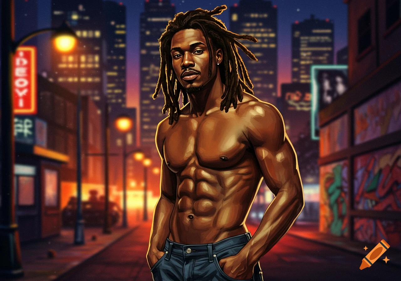 A muscular man with dreadlocks, shirtless and wearing jeans, stands on an urban street at night with city lights in the background. Digital art style.