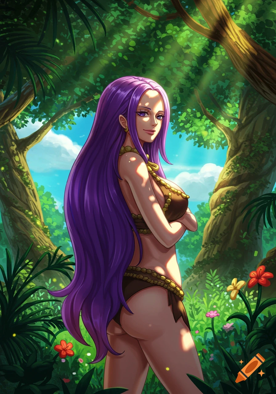 Anime-style illustration of a purple-haired woman in a jungle bikini, standing in a lush forest with sunbeams.