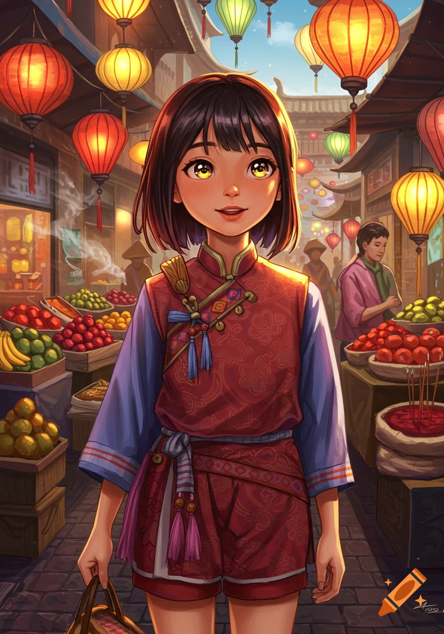 A young Asian girl with short dark hair and large yellow eyes smiles in a bustling market street with lanterns and fruit stalls, anime style.