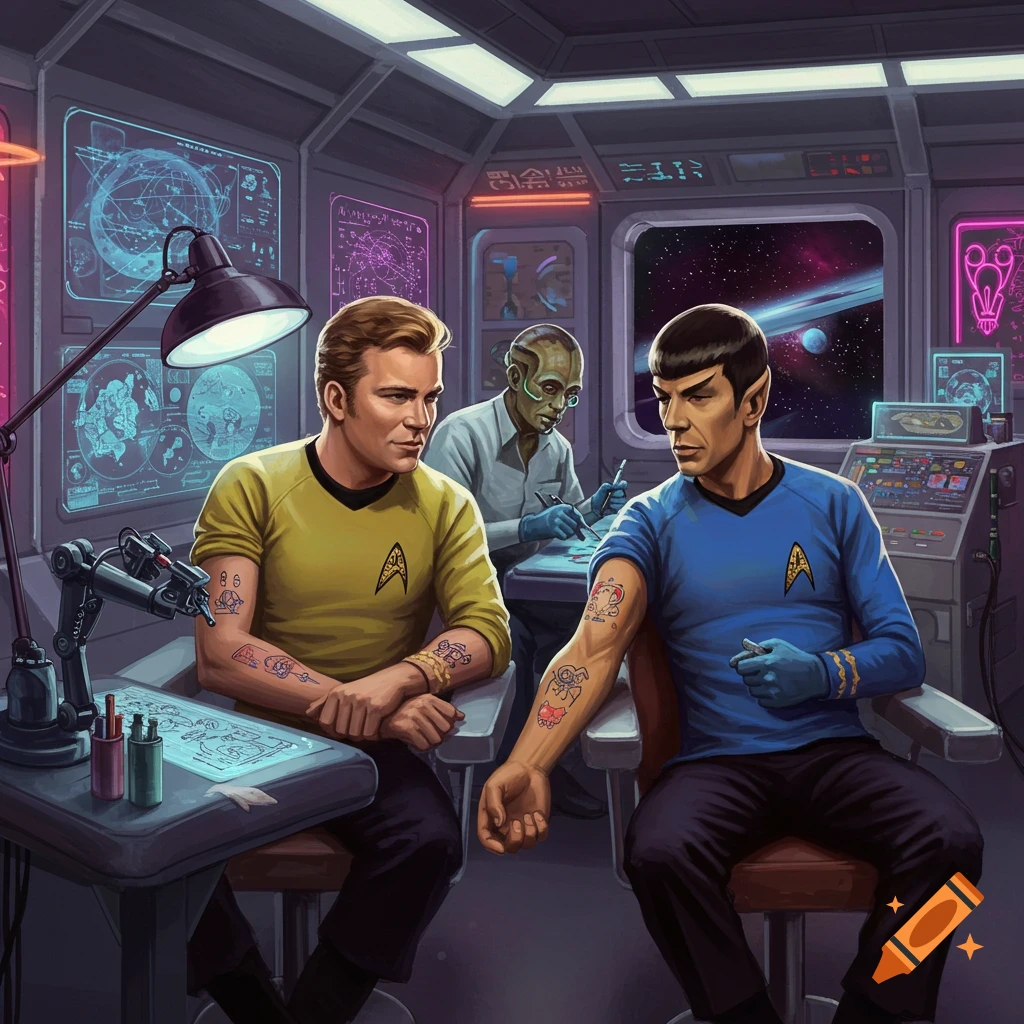 Captain Kirk and Spock get tattoos from an alien in a futuristic spaceship room, with sci-fi screens in the background.