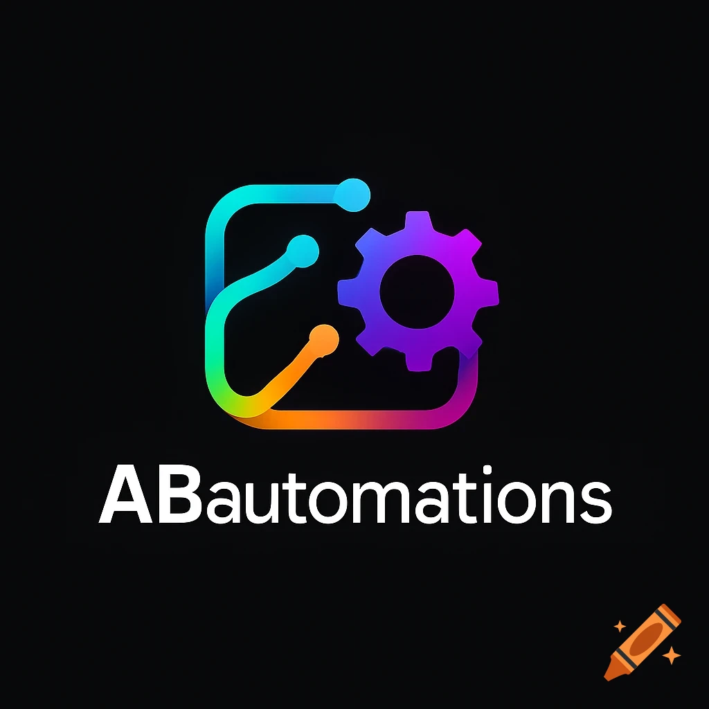 A modern logo for ABautomations featuring a colorful abstract icon with a gear and data flow lines above the company name on a black background.