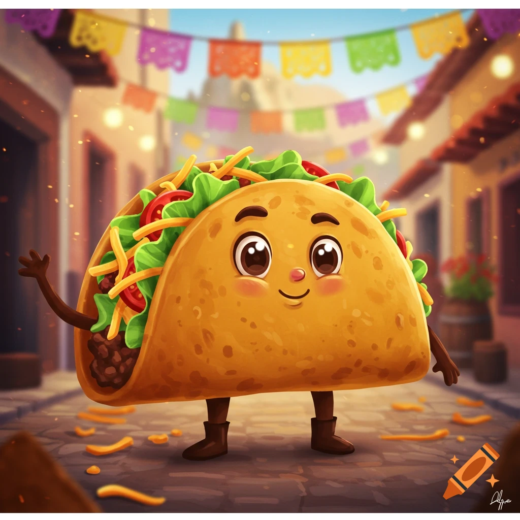 A happy, cartoon taco mascot waves on a festive street with colorful banners overhead.