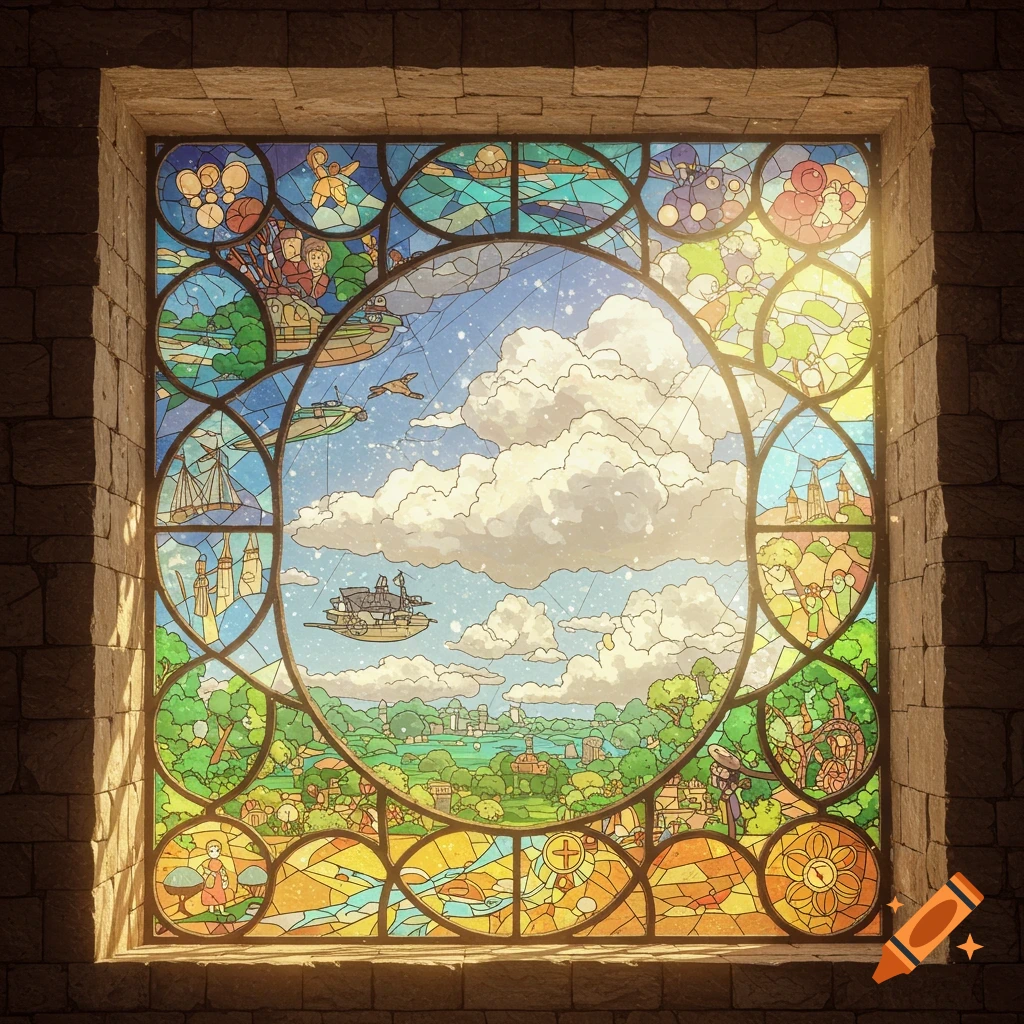 A vibrant Studio Ghibli-style stained glass window depicts a whimsical landscape with clouds, flying ships, and small figures, set within a stone wall.