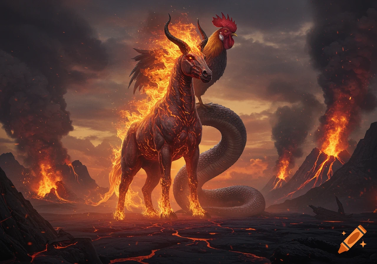 A monstrous hybrid creature of a flaming horse, rooster, and snake stands in a volcanic landscape with lava and smoke.