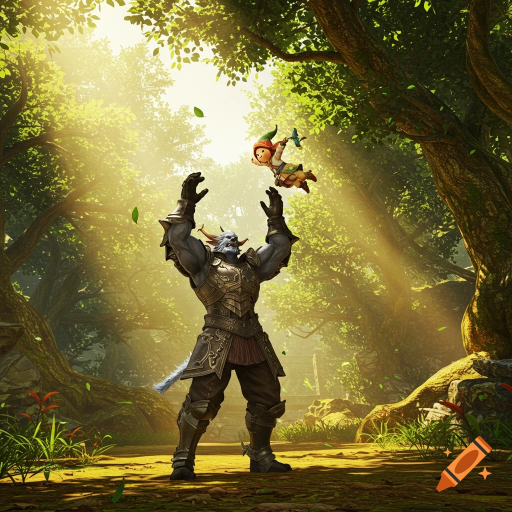 A muscular, armored Galka character in a sunlit forest tosses a small, elfin Tarutaru into the air.
