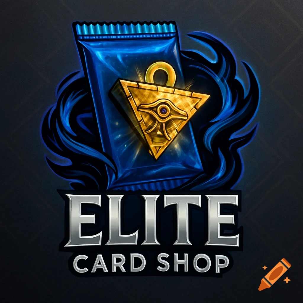 Logo for Elite Card Shop with a blue foil booster pack and a golden Millennium Puzzle, surrounded by dark blue energy.
