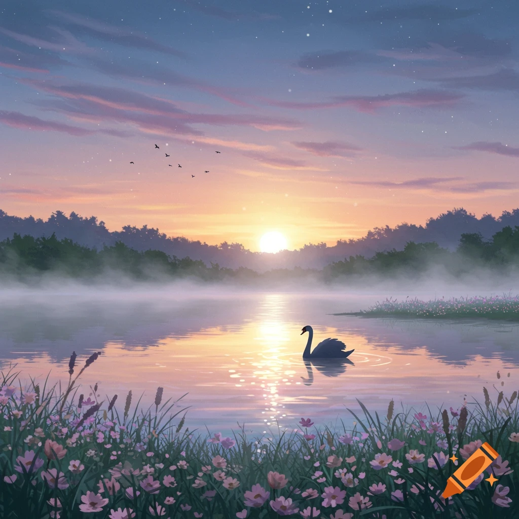 A serene sunset over a misty lake with a swan, surrounded by flowering plants.