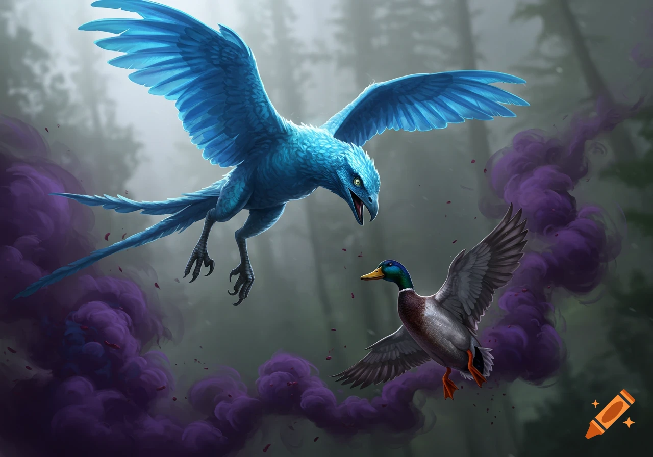 A vibrant blue raptor with glowing eyes swoops down to hunt a mallard duck amidst swirling purple smoke in a misty forest, digital art.