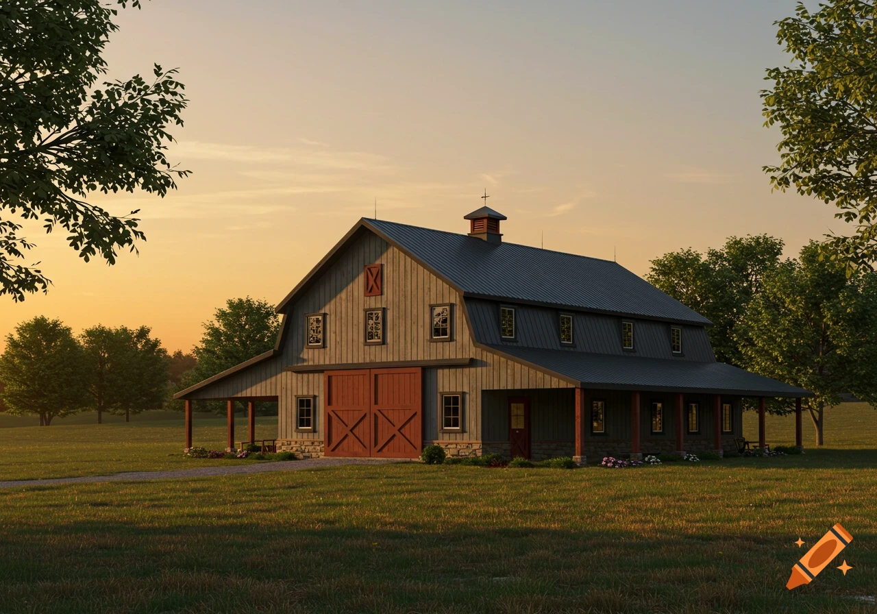 Photorealistic image of a raised center aisle barn with charcoal grey siding, red doors, and a black roof in a grassy field at sunset.