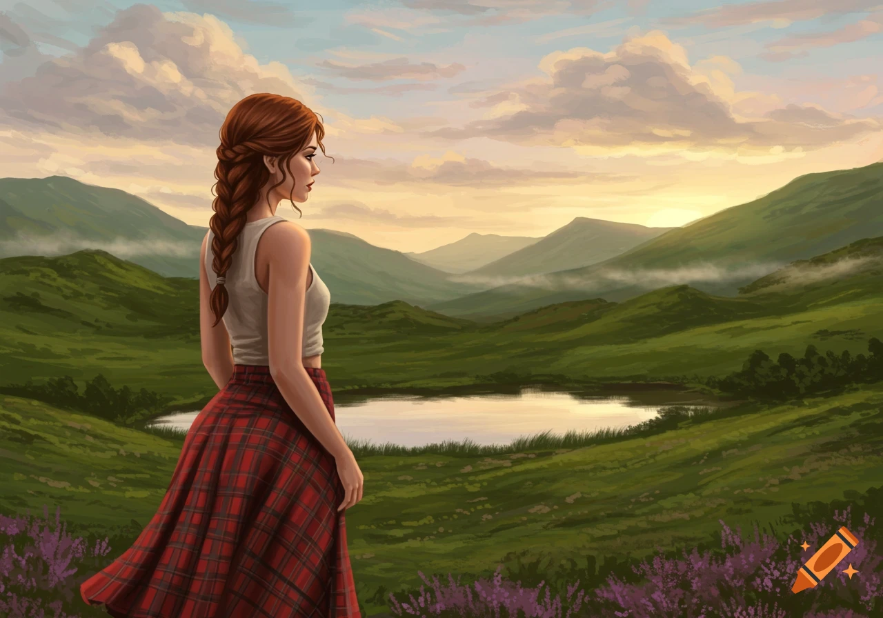 A woman with braided red hair in a white top and red tartan skirt looks over a green valley with a lake at sunset, digital art.