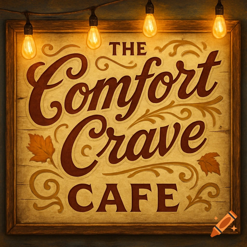 A vintage-style wooden sign for 'The Comfort Crave Cafe' illuminated by string lights, featuring intricate typography and autumn leaves.