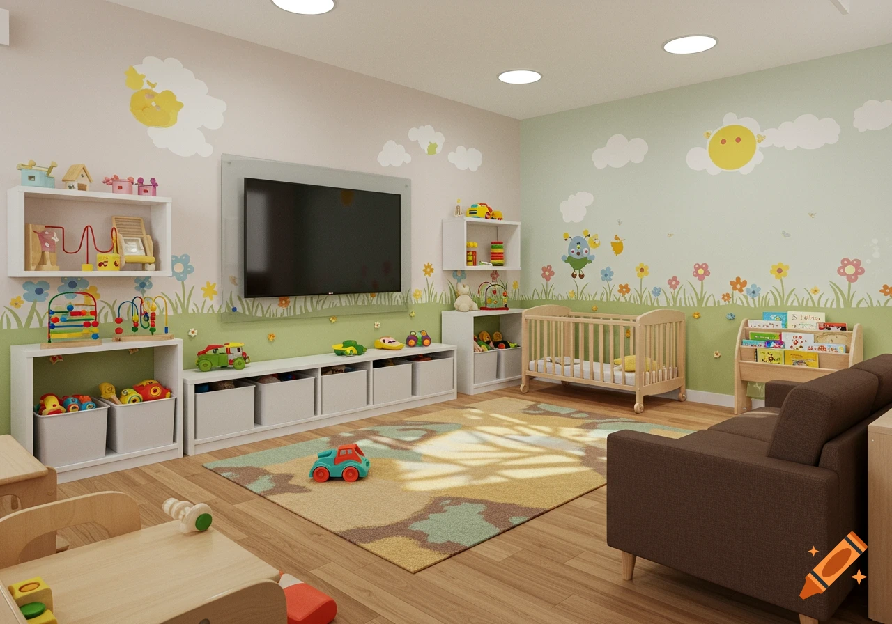 A brightly lit, organized daycare room with a mounted TV, white shelves filled with toys, a wooden crib, a brown sofa, and a colorful rug. The walls are decorated with murals of clouds, sun, flowers, and cartoon creatures.