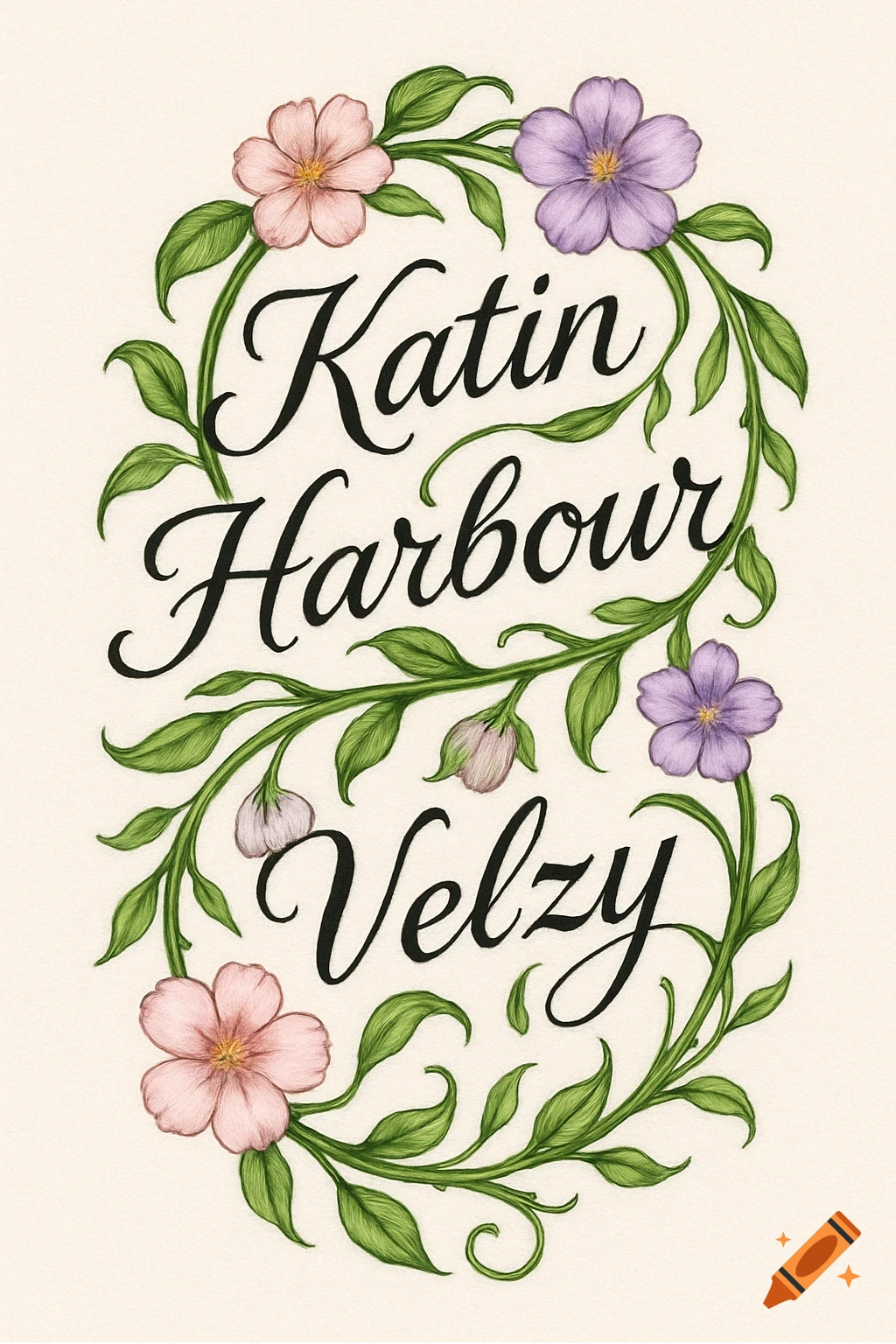 Decorative illustration of three names, Katin, Harbour, and Velzy, in black script font, framed by a wreath of green vines with pink and purple flowers.