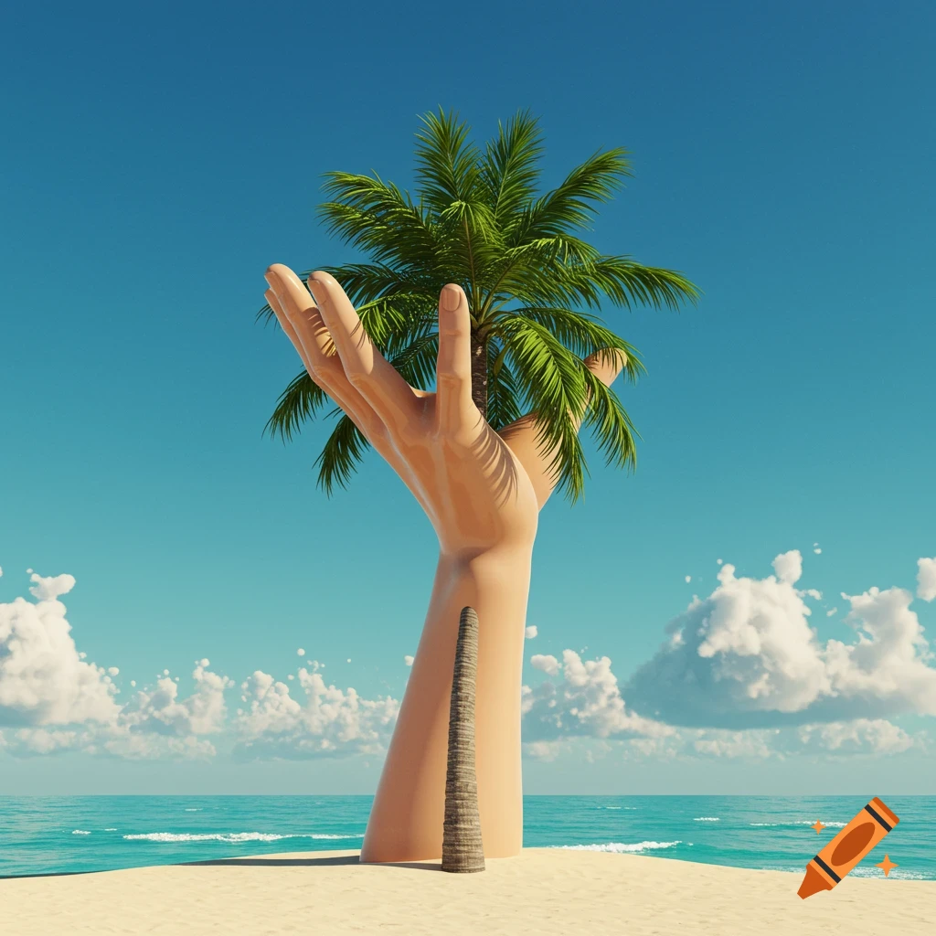 A giant hand holding a palm tree emerges from a sandy beach, under a bright blue sky with clouds and turquoise ocean.