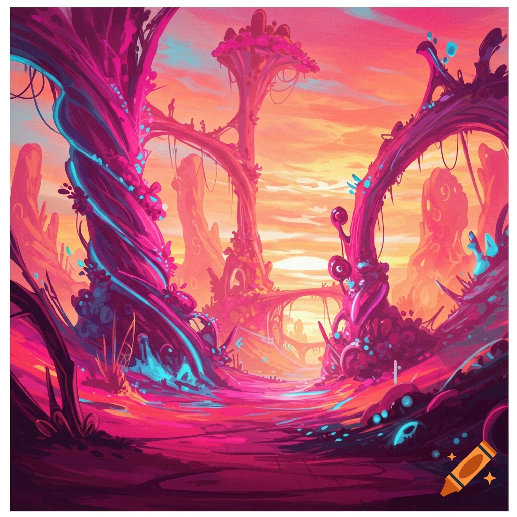 A vibrant, surreal alien landscape with large, twisting magenta and blue glowing plants, a pink and orange sky, and a path leading into the distance.
