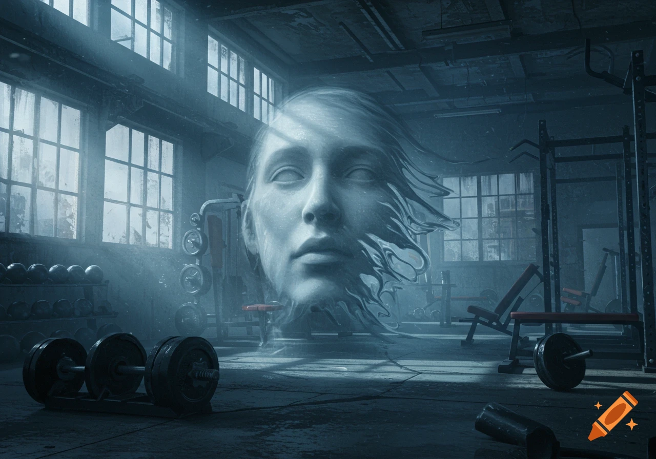 An ethereal, ghostly face floats in a dimly lit, abandoned gym with weight racks and exercise equipment.