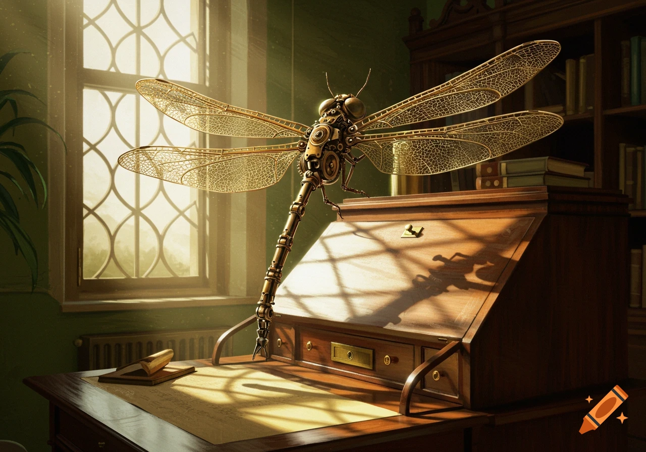A detailed steampunk clockwork dragonfly with ornate wings sits on a wooden writing desk in a sunlit Victorian room.