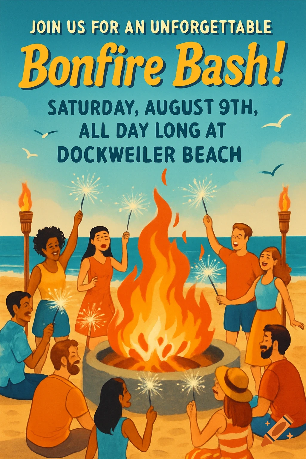 An illustrated poster for a Bonfire Bash on Dockweiler Beach, showing people around a bonfire holding sparklers.