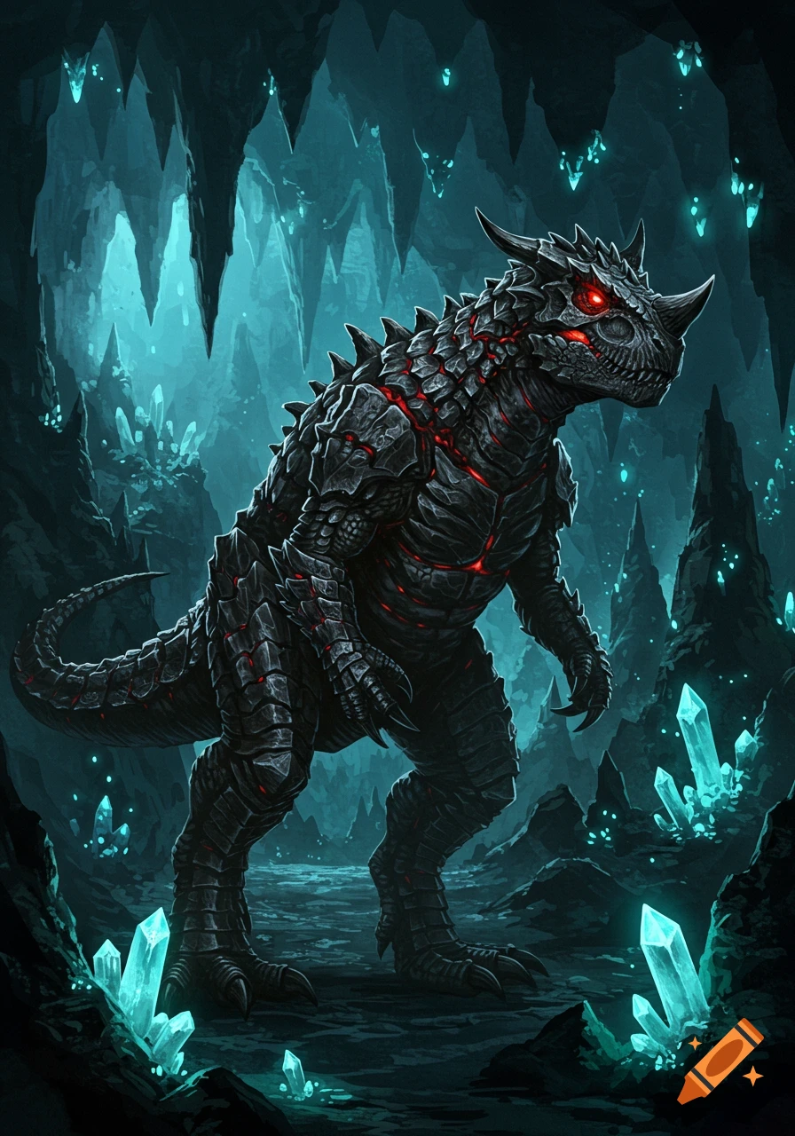 A large, black, armored dinosaur-like creature with glowing red eyes stands in a dark cave filled with glowing blue crystals.