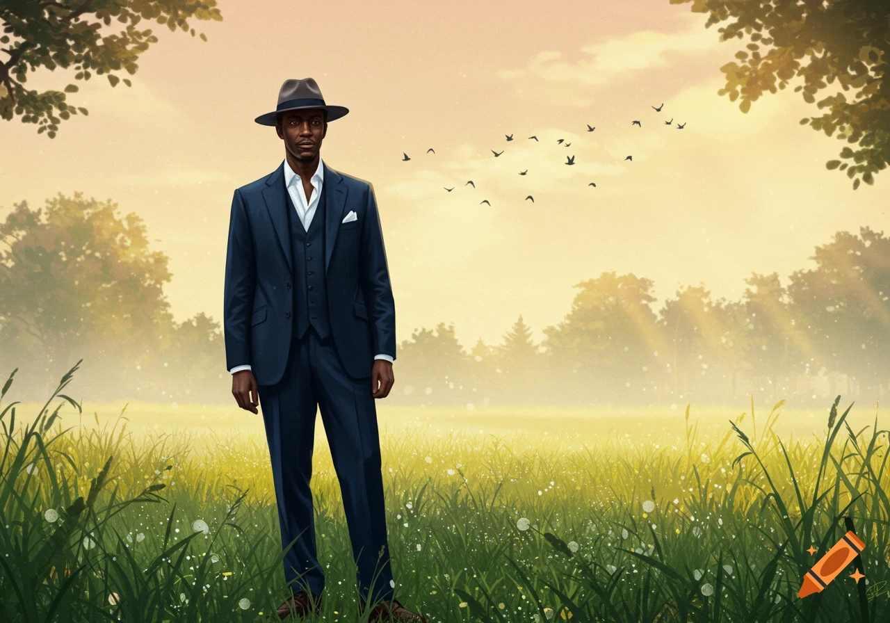 An illustrated man in a dark suit and fedora stands in a sunlit green field with trees and birds.
