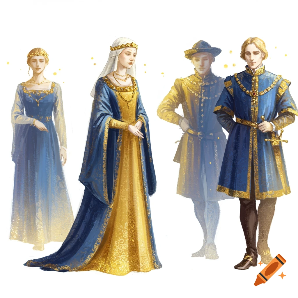 Four figures in blue and gold medieval attire, with two in the background appearing blurred against a white background.