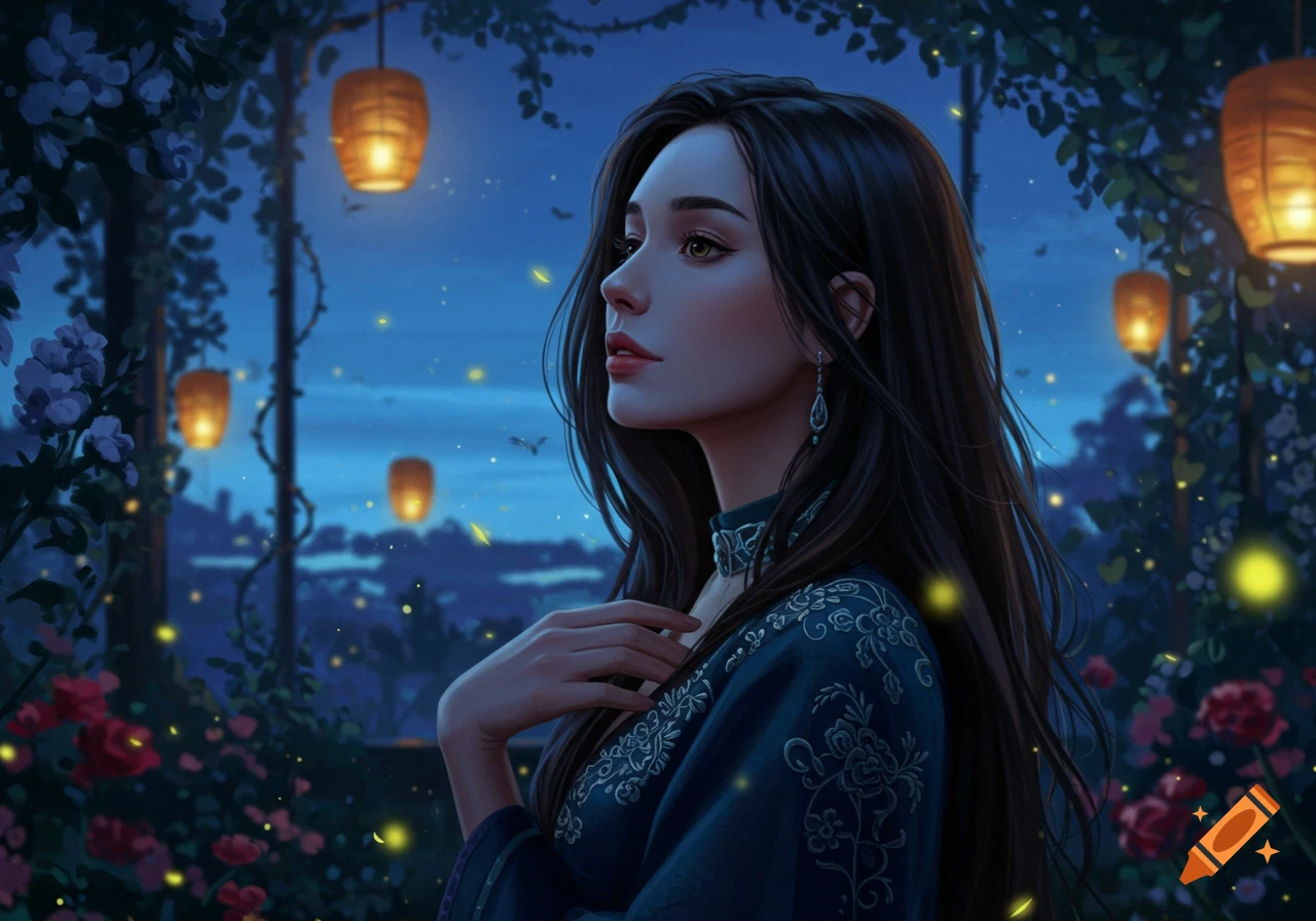A beautiful woman with long dark hair, wearing an ornate blue dress, stands in a lush garden at night, illuminated by glowing lanterns and fireflies.