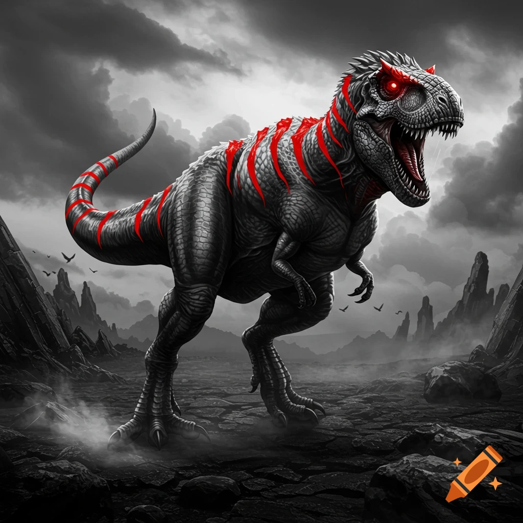 A fierce black and white dinosaur with red glowing eyes and red stripes stands in a desolate, rocky, monochrome landscape.