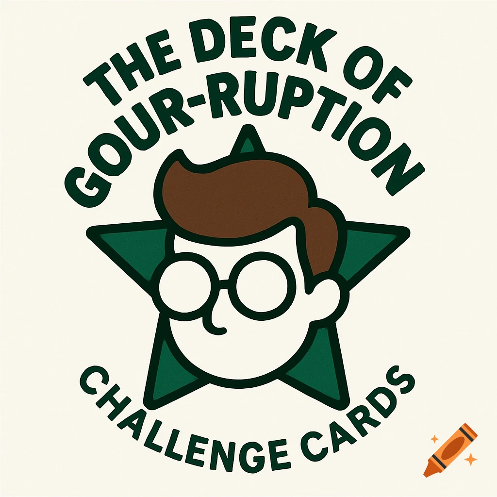 A cartoon logo featuring a head with glasses and brown hair against a dark green star. Text reads 'The Deck of Gour-ruption Challenge Cards'.
