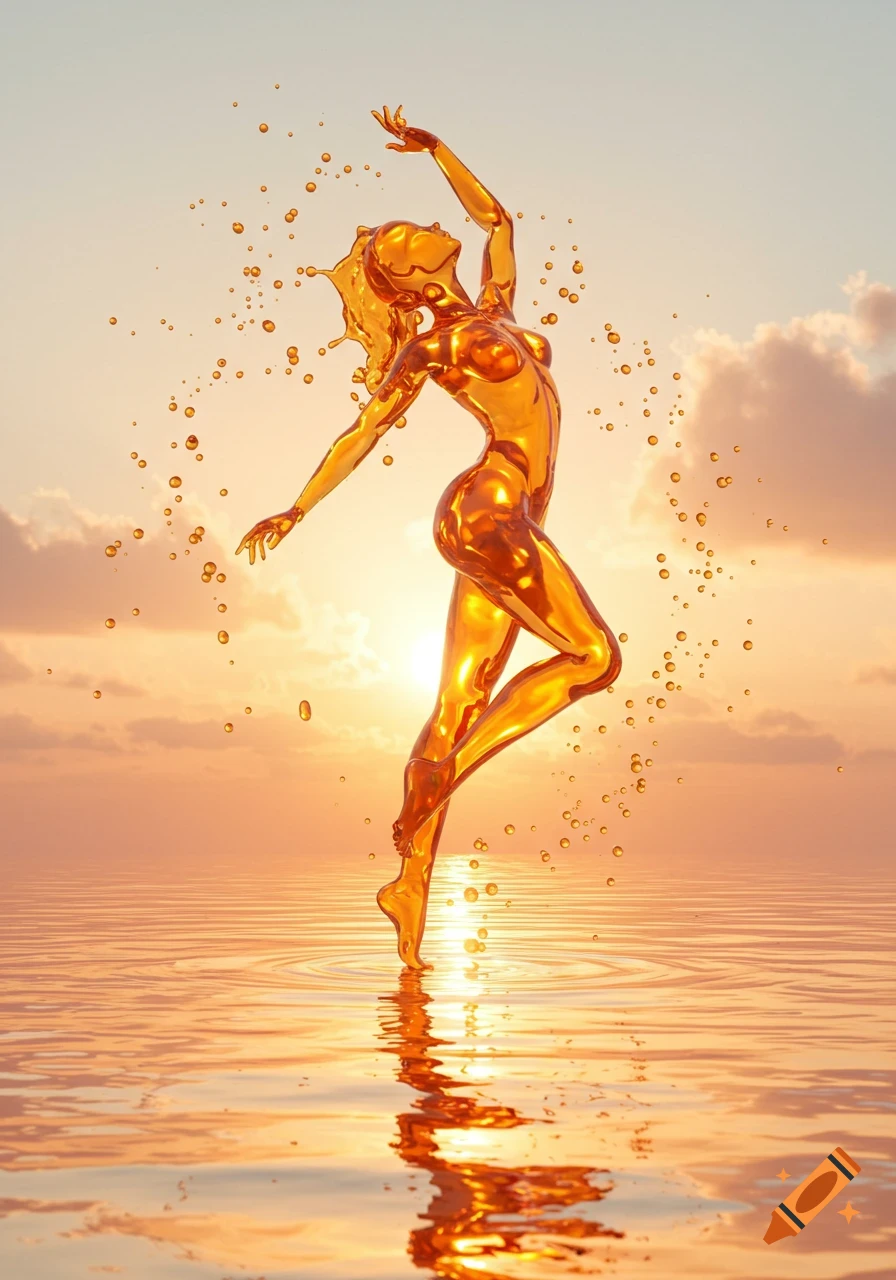 A shimmering golden liquid female figure in a graceful dance pose, rising from water against a sunset sky with splashes.