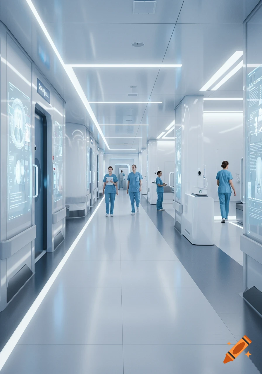 A long, bright, futuristic hospital corridor with white walls, illuminated by overhead strip lights. Several medical staff in light blue scrubs walk along the shiny floor, and large translucent screens displaying data line the walls.
