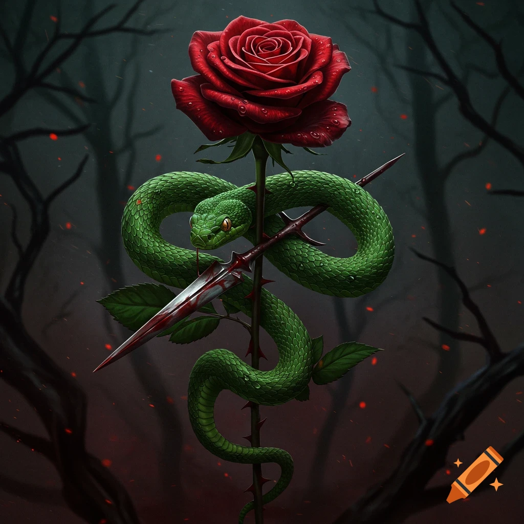 A detailed red rose with a green snake wrapped around its thorny stem and a blood-stained dagger in a dark forest.