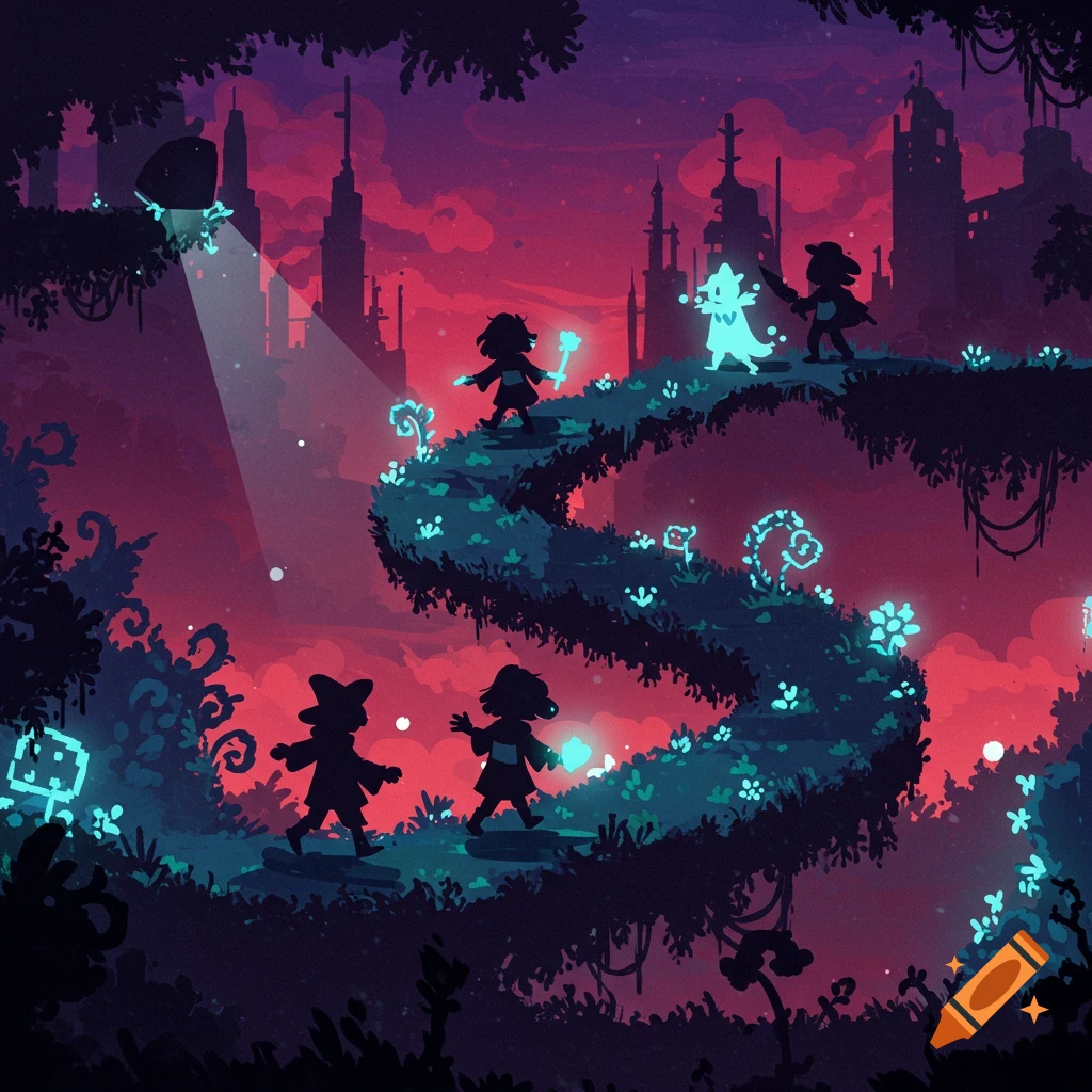 Stylized silhouettes of characters walk on a glowing, winding path amidst glowing plants, with a dark city skyline against a red and purple sky.