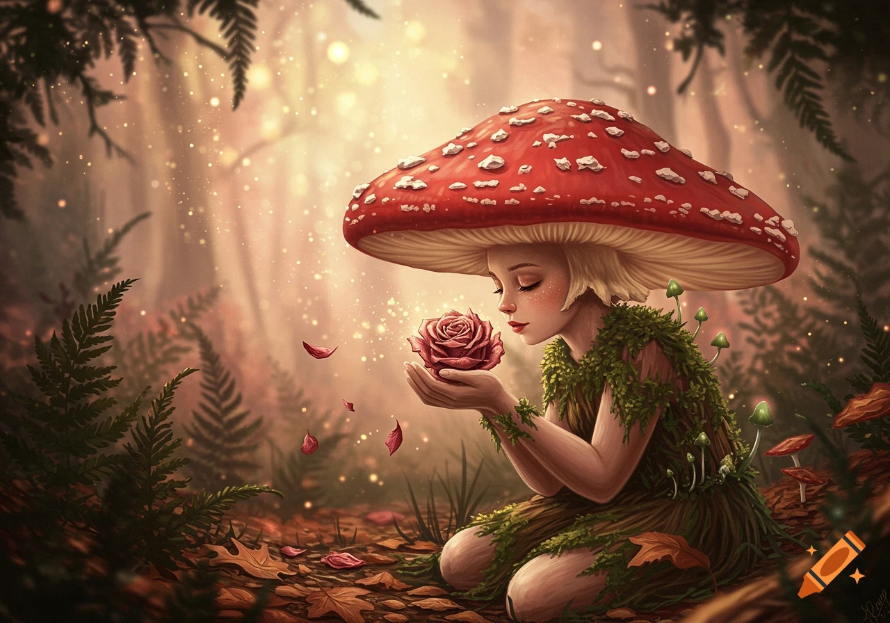 A mushroom girl with a red cap kneels, smelling a pink rose in a magical, sunlit forest with sparkling lights and falling petals.