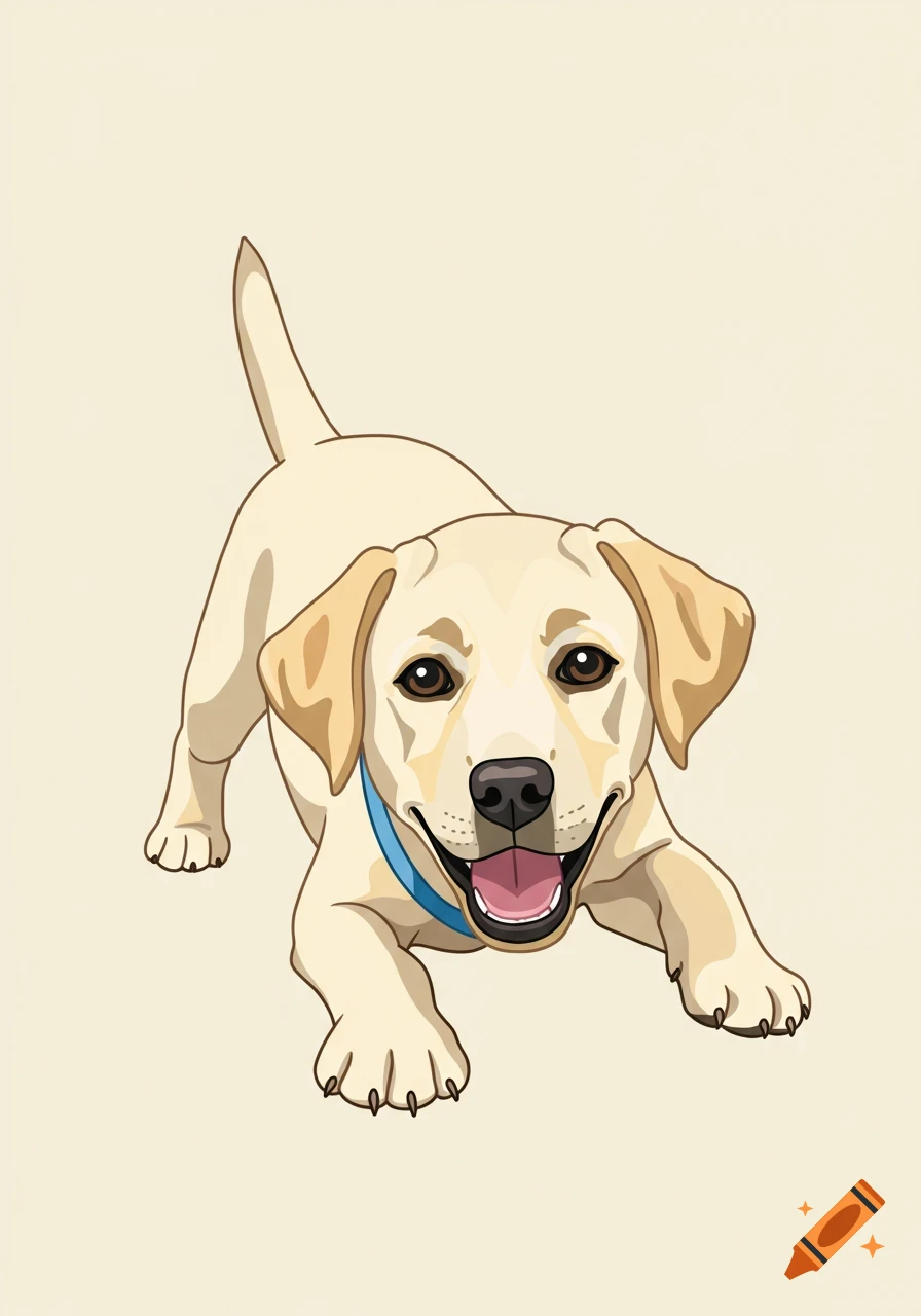 A cartoon illustration of a happy yellow Labrador puppy wearing a blue collar, in a play bow position.