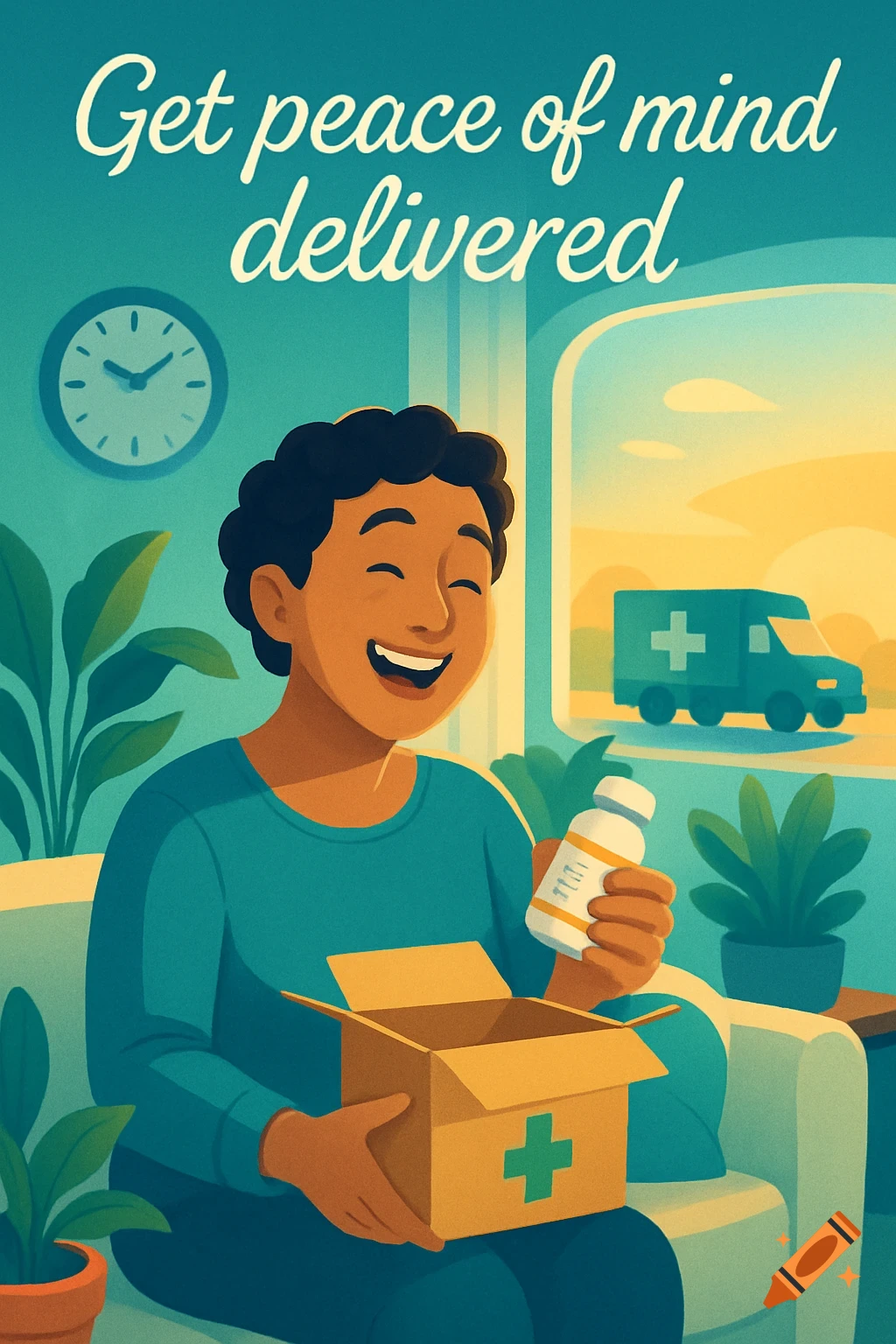 Stylized illustration of a smiling person holding a pill bottle, having received a package from a medical delivery truck outside.