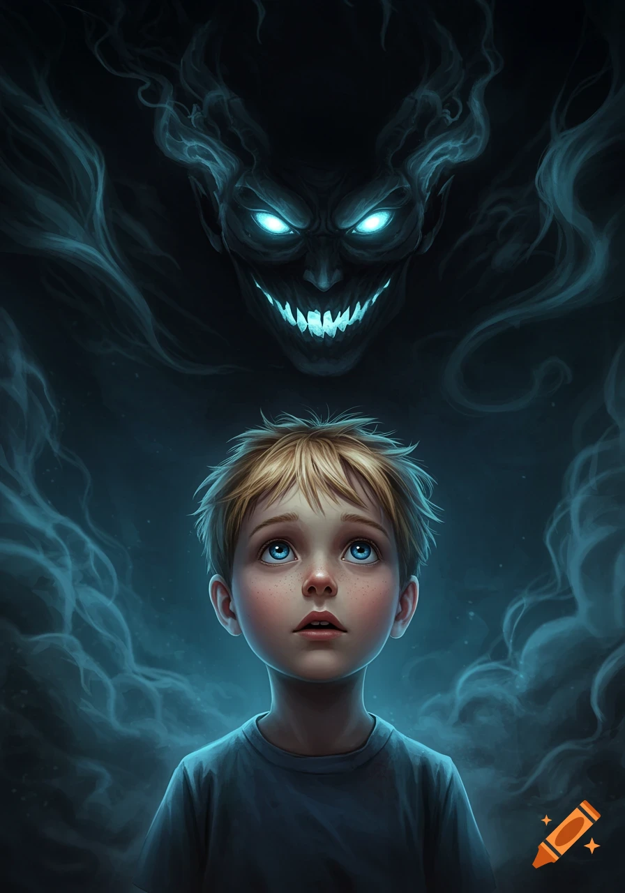 A wide-eyed young boy with blond hair looks up at a shadowy, grinning demon with glowing blue eyes looming above him.