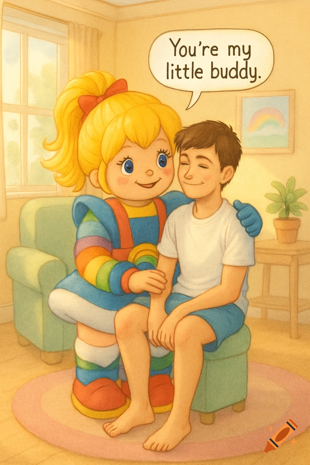 A smiling Rainbow Brite mascot, wearing a rainbow-striped outfit, embraces a teenage boy sitting on her lap in a bright room. A speech bubble reads, "You're my little buddy."