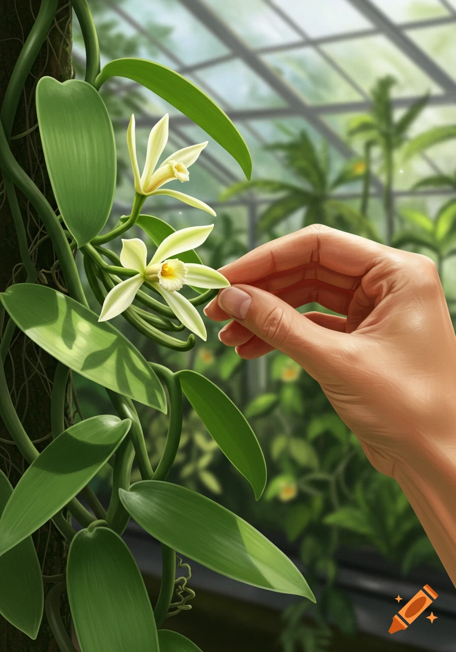 A hand delicately pollinates a vanilla flower on a vine in a bright greenhouse.