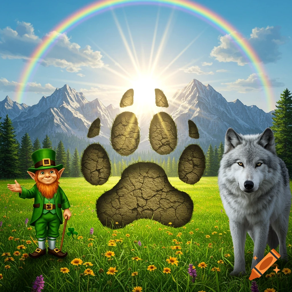 A leprechaun and a gray wolf stand in a vibrant meadow with a giant paw print, rainbow, and sunny mountains.