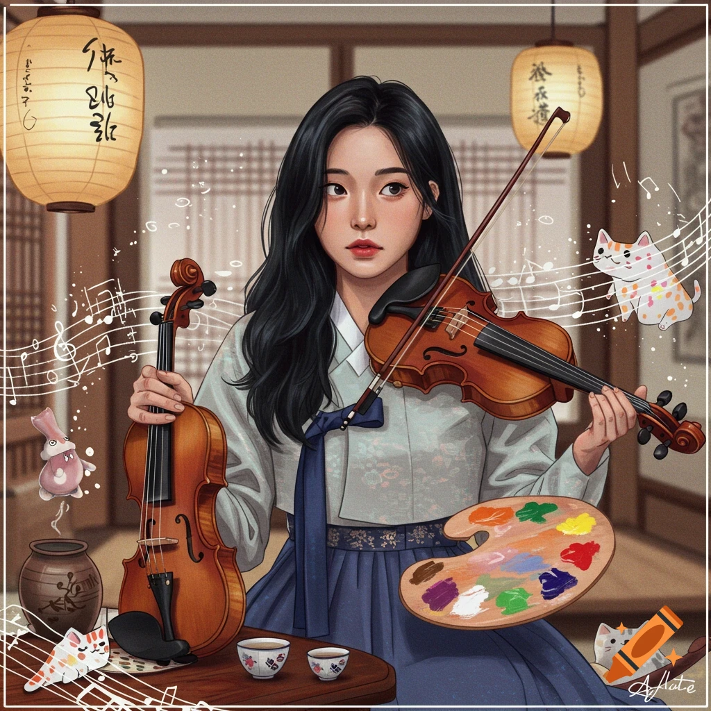 An illustrated young woman in a hanbok holding a violin, playing another, with cats and a paint palette in a traditional Korean room.