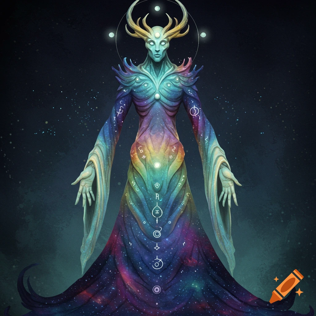 A tall, slender cosmic being with glowing eyes and horns, wearing a rainbow-colored robe adorned with symbols, against a starry background.