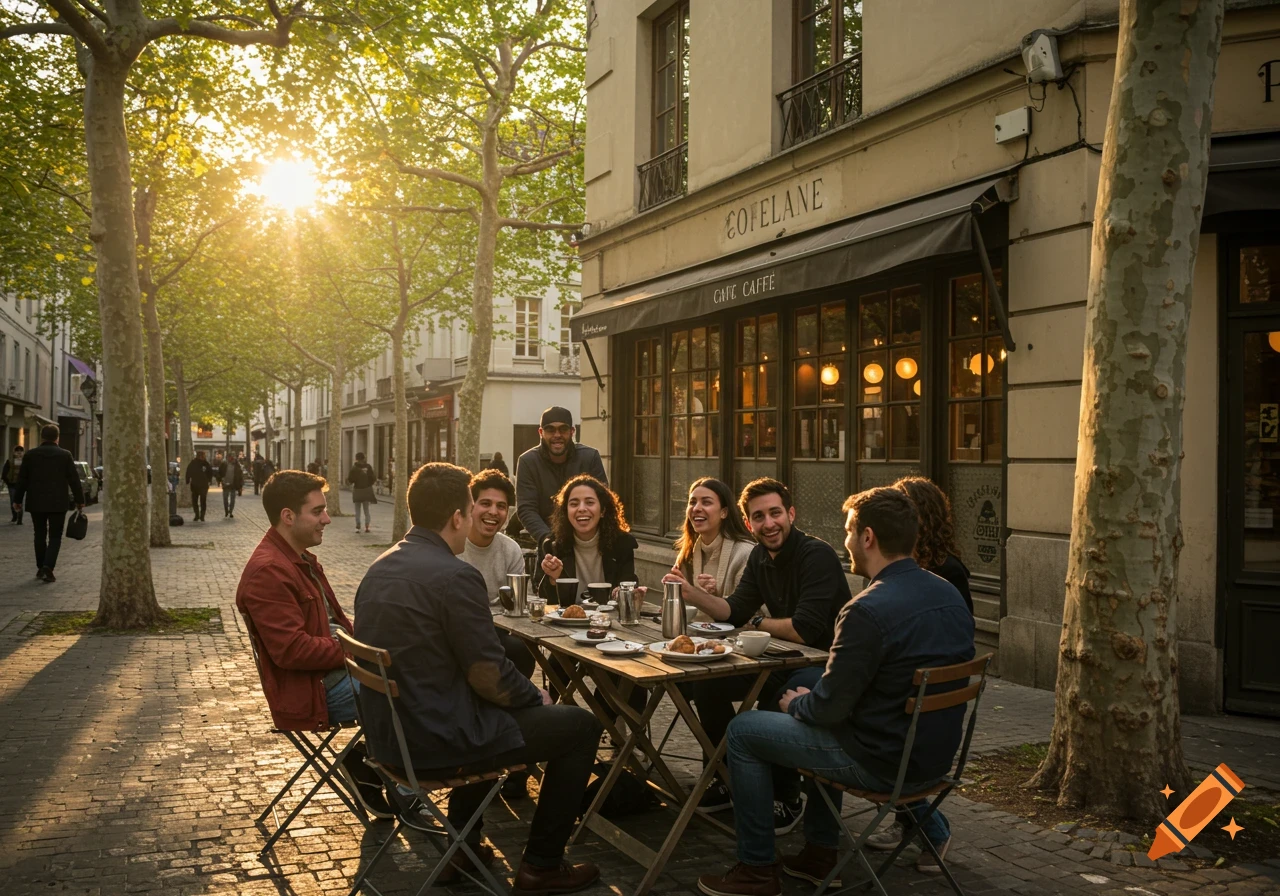 A group of friends laughing and enjoying food and drinks at an outdoor cafe on a sunny street.