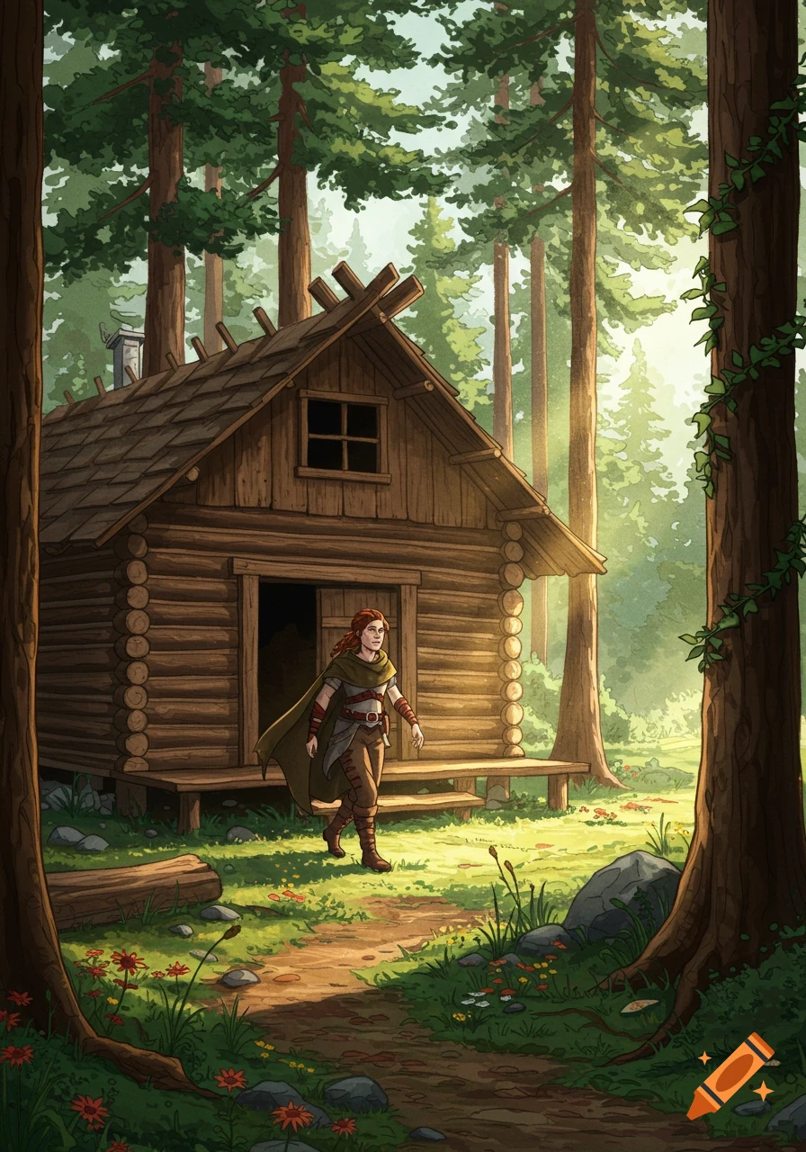 A woman with red hair in fantasy attire walks out of a wooden log cabin in a sunlit forest. Illustrated style.